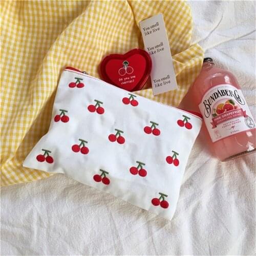 Sandro kawaii cherry embroidery small cherry hand portable storage cosmetic bag cute pen bag change canvas bag