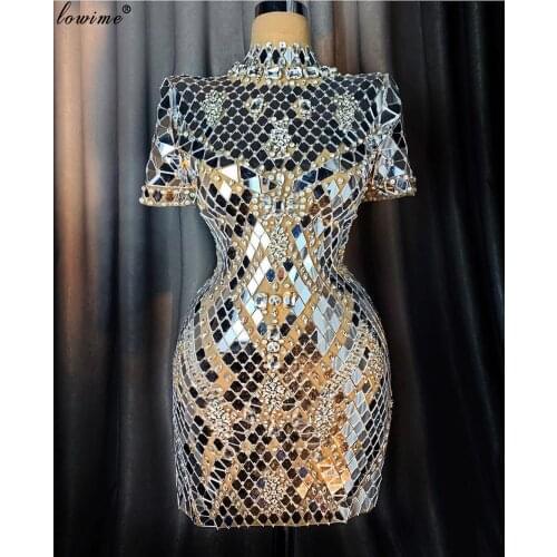 Plus Size Silver Shiny Prom Dresses Mini Transparent Cocktail Dresses Women Party Night Heavy Handmade Crystals Gowns vestidos