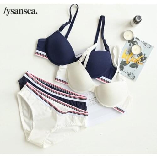 Blue Plaid Lace Solid Sweet Cute Lolita Lingerie Women Intimates Cotton Comfort Young Girl Underwear Soutien Push Up Bra Set