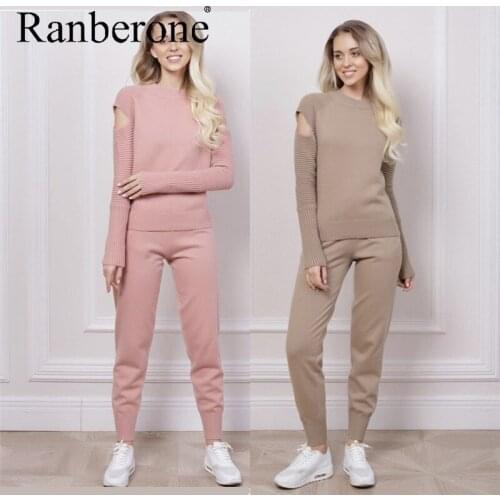 Ranberone 2 Piece Sport Suit Female Cold Shoulder Sweatshirt Top + Casual Pants Outfits Set Fitness Womens Tracksuit Womenswear