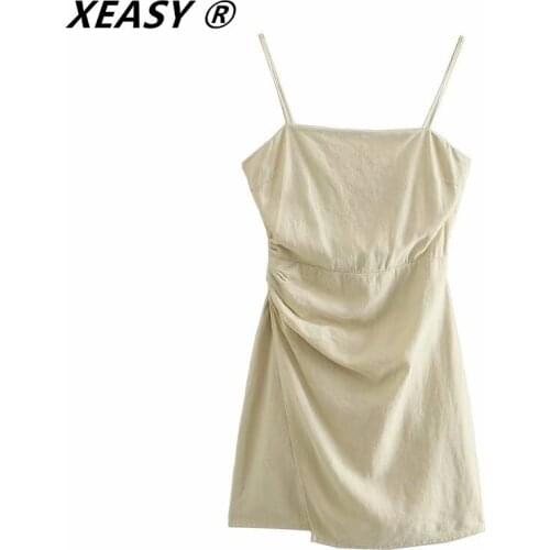 XEASY Women 2021 Fashion Folds Decoration Mini Dress Vintage Backless Zipper Chic Thin Straps Female Dresses Mujer