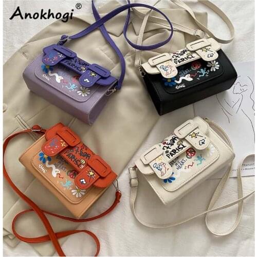 Doodle Pattern And Letter Print Women Fashion Handbag Quality Leather Casual Sling Bag