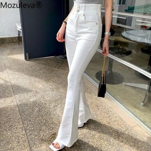 Mozuleva Chic High Waist Button Jeans 2021 Summer Women Skinny Denim Flare Pants Elegant Slim Female White Jeans Ladies Pantalon