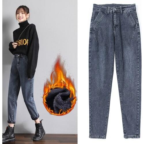 High-waisted jeans women 2021 winter plus velvet plus velvet slim-fitting tight feet pants nine-point pencil pants womens trend