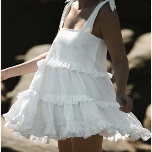 2021 Bohemian Stitching Wood Ears Ruffles Tide Bow Spaghetti Strap Dress Holiday Woman Slash Collar Short Big Swing Cake Dresses