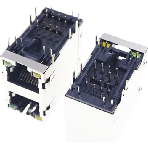 20pcs Green Yellow LED RJ45 Dual Port Shielded Modular PCB Jack 8P8C Right Angle Through Hole PCB Ethernet connector SIDE ENTRY