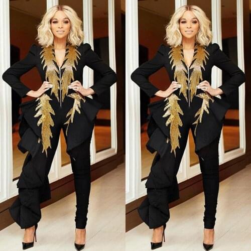 2020 Jumpsuits Prom Dresses V Neck Long Sleeve Arabic Gold Lace Appliqued Formal Dress Evening Gowns Robe De Soiree