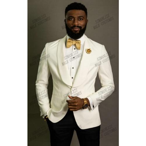2021 Classic Groomsman Ivory Jacket Black Pant Costume Homme Slim Fit Men Wedding Suits Terno Masculino Tuxedo Groom Prom Blazer