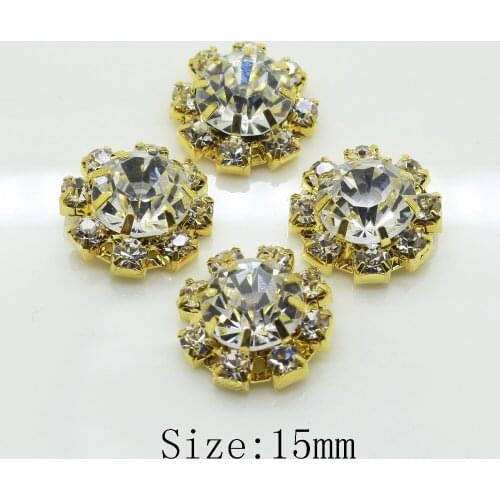 Top quality 50pc 15mm Circularfo Clear crystal shiny crystal button golden flat back metal clothing buttons wedding decorative