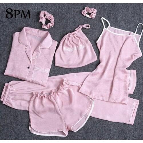 Satin Silk Pajamas Sets 7 Pieces Sets Women Cute Kawaii Korea Sleepwear Fir Home Nightwear Sexy Underwear Home Wear ouc1663