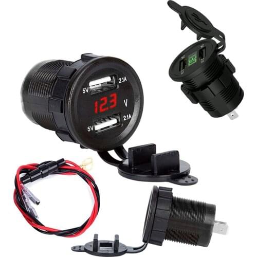 12V/24V Car Motorcycle Cigarette Lighter Dual USB Charger Car Boat Motorcycle Cigarette Lighter Sockets Power Plug Outlet LED