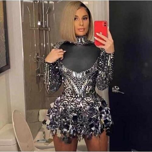 Shining Silver Mirrors Rhinestones Dress Women Singer Dancer Bright Bodysuit Costume One-Piece Nightclub Dress Performance Wear