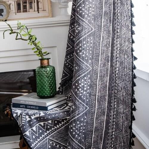 Bohemian Style Black Geometric Printing Curtains for Living Room Bedroom Kitchen Bay Window Linen Cotton Vintage Curtain