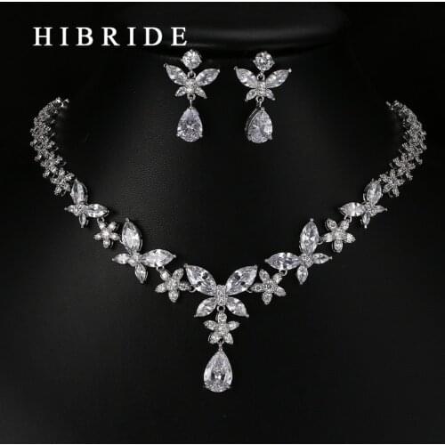 HIBRIDE Classic Water Drop Shape AAA Cubic Zirconia Pendants Bridal Women Wedding Jewelry Sets N-64