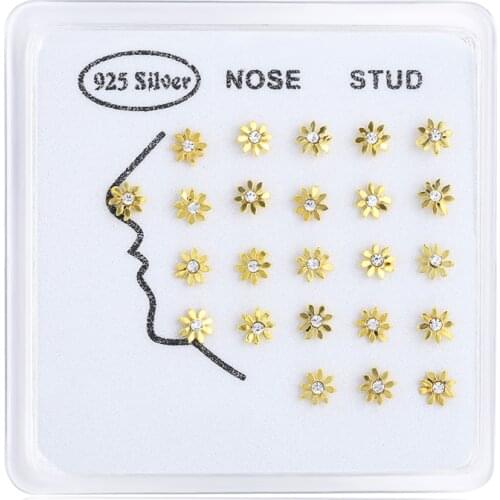24pcs/set 100% 925 Sterling Silver Vintage Rhinestone Gold Sun Nose Rings & Studs Piercing Jewelry For Women Girls Wholesale New