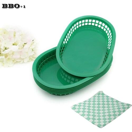6pcs 10.5'' Large Plastic Fast Food Platter Basket 24pcs Checked Wax Coated Paper Dinner Plates Serving Food Tray Restaurant