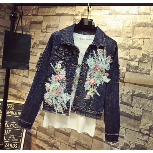Spring autumn womens casual flowers embroidery broken hole beading jacket female vintage slim Jean jacket TB3387