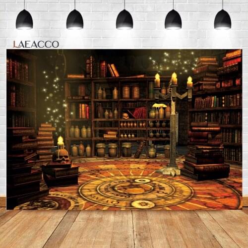 Laeacco Magic House Skull Bookshelf Jar Candlestick Vintage Portrait Halloween Photography Backdrops Background For Photo Studio