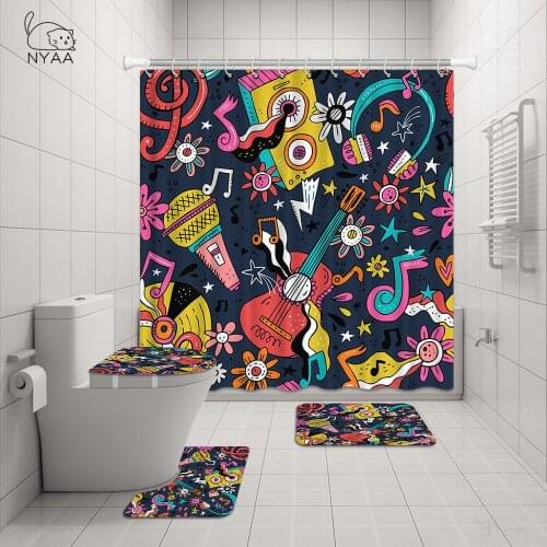 Musical Notes Shower Curtain Sets Non-Slip Rugs Toilet Lid Cover and Bath Mat Waterproof Bathroom Curtains