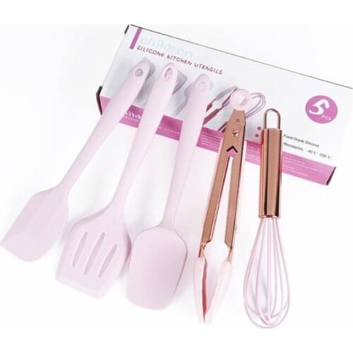 5pcs Silicone Kitchen Spatula Set Cooking Utensils Sets Rose Gold Handle Kitchen Tool Non-stick Kitchenware Children Baking Tool