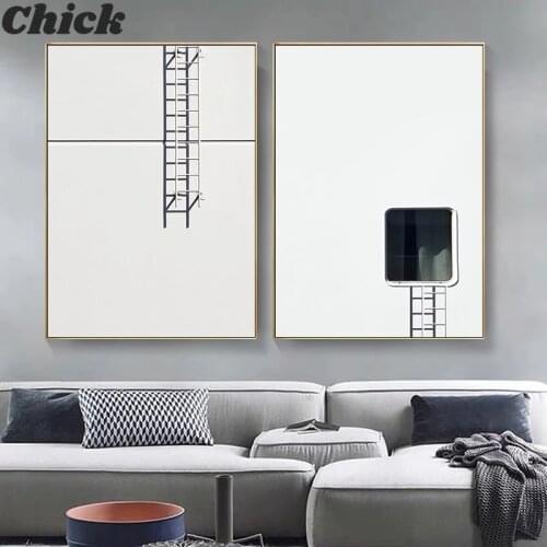 White and Black Canvas Painting Wall Canvas Posters and Prints Window and Ladder Finding Sunshine Wall Pictures for Living Room