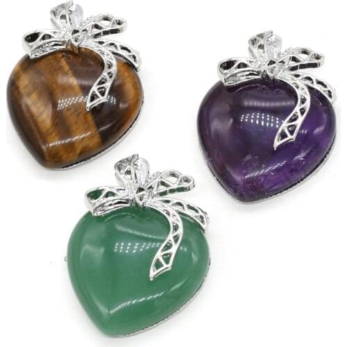 Natural Green Aventurines Amethysts Pendant Charms Heart Shape Pendant Metal Alloy Lace for Making DIY Jewerly Necklace 30x40mm