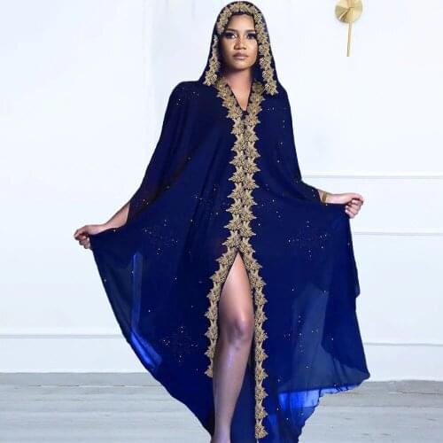 2021 New Open Abaya Dubai Turkish Stones Chiffon Hooded Dress Muslim Kaftan Kimono African Women Clothing Plus Size Boubou Robes