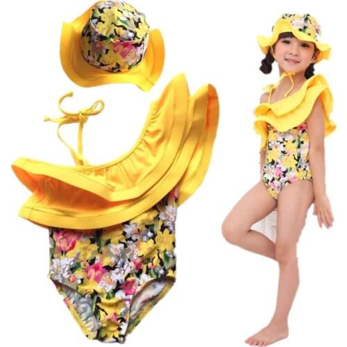 New Baby Swimwear+Hat 2Pcs Set Ruffles Yellow Flowers Swimming Suit Infant Toddler Swimwear Kids Sunscreen Beach Bathing Suit