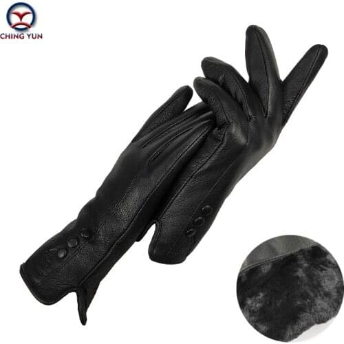 CHINGYUN new ladies gloves quality soft thick leather gloves winter autumn ladies fashion brand black warm button decoration