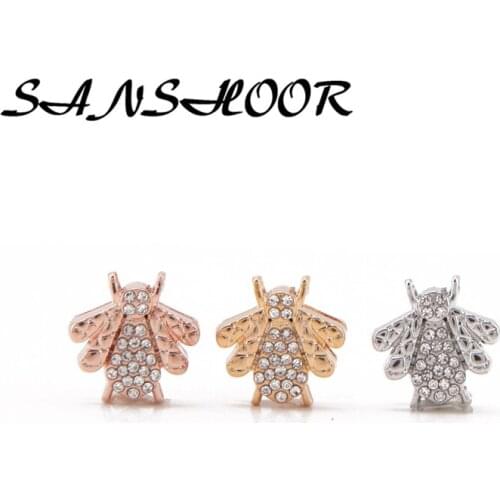 SANSHOOR Cute Crystal Bee Keepering Slide Charms Collection Fit Leather Wrap Mesh Keeper Bracelets Accessories For Women 6 Pcs