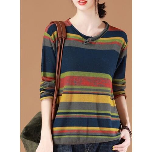Shintimes Vintage Women Sweater Striped Pullovers Womens Long Sleeve 2020 Autumn Winter Clothes Woman Button Knitted Pull Femme