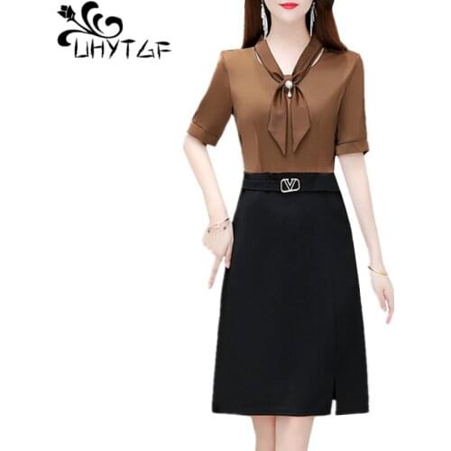 UHYTGF Summer Dress Women 2021Fashion Fake Two Piece Splicing Casual Female Dress Short Sleeve Slim 4XL Plus Size Dresses 1649