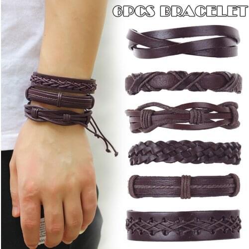 Unisex Faux Leather Rope Woven Bracelet 6Pcs/set Men Leather Bracelet Jewelry Gifts TT@88