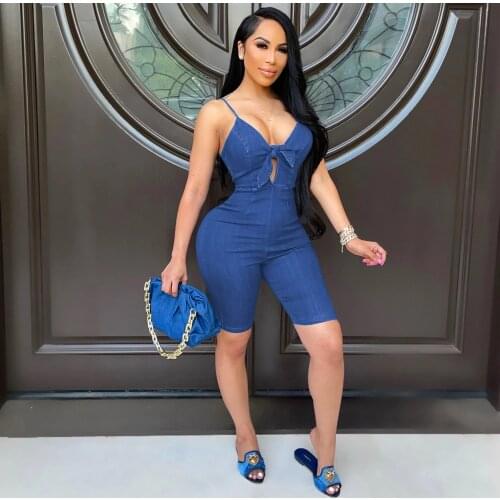 2021 New Arrival Fashion Design Fax Denim Playsuits Solid Spaghetti Strap Summer Casual Bodycon Rompers