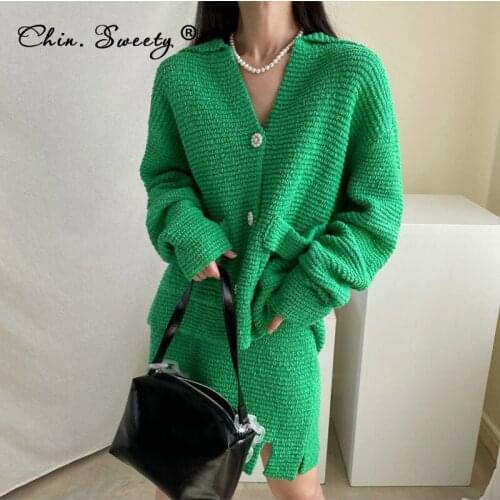 Knit Solid Womens Loose Coat Mini Skirt Set 2021 Autumn Turn-down Collar Buttons irregular Skirts Sets Lady Elegant Office Suit
