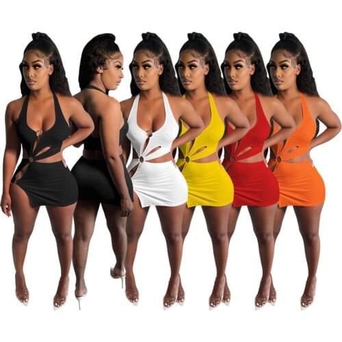 Womens Sexy Asymmetrical Dress Sleeveless Backless Halter Dress Hollow Out Bodycon Mini Dress Side High Split Skinny Vestidos