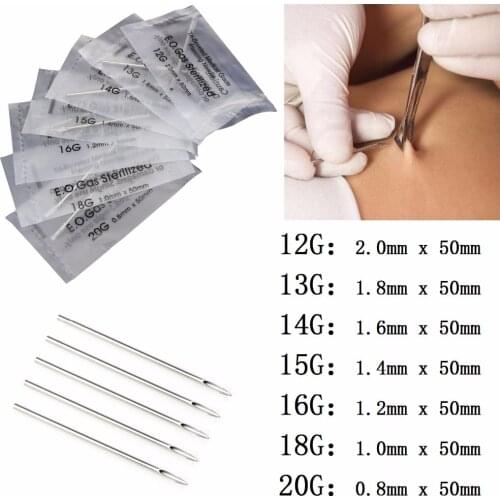 10pcs/lot Surgical Stainless Steel Catheter Cannula Piercing Needles 12/13/14/15/16/18/20G Body Jewlery Piercing Tools Gauge