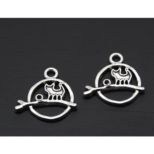 50pcs Silver Color Lovely Cat On A Branch Charms Round Cat Animal Pendant Jewelry Making DIY Handmade Accessories A3407