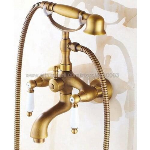 Antique Brass Bathroom Shower Faucet Bath Tub Faucet Mixer Tap With Hand Shower Head Set Wall Mounted Shower Faucet Sets Ktf315