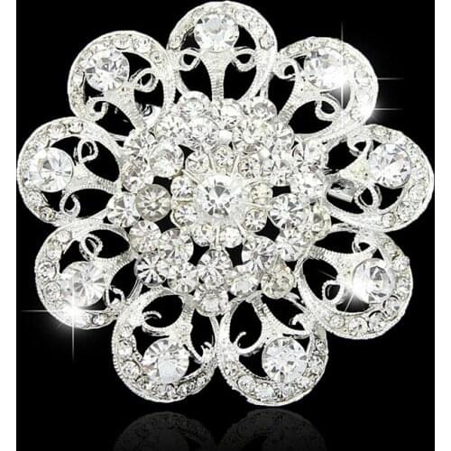 Rhodium Plated Big Flower Alloy Crystal Rhinestone Wedding Brooch Elegant Jewelry Pins For Lady Gift