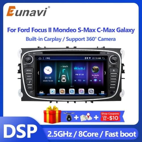 Eunavi 2 Din Car Multimedia DVD Radio Player For Ford Focus II Mondeo S-Max C-MAX Galaxy 7inch Android 10 4G 64G 8Core DSP GPS