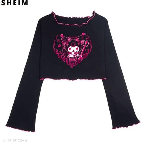 Y2k Tops Tees Long Sleeve Kuromied T Shirt Cotton Kawaii Graphic Tshirt For Womens 2000s Aesthetic Clothes Black Casual Female