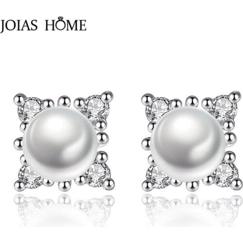 JoiasHome Geometry Silver 925 Jewelry Gemstones Pearl Earrings for Women Trendy Elegant Female Ear Studs Engagement Accessory