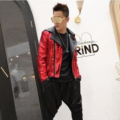 Red sequins jacket men casual coats motorcycle clothes singer stage mens jackets jaqueta masculina chaqueta hombre dance b686