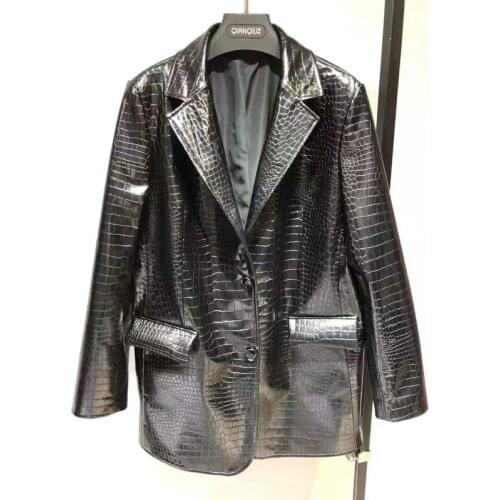 Spring Autumn And 2021 New Fashion Women Coat Winter Genuine Leather Jacket Crocodile Turn-Down Collar Office Lady Fn1096