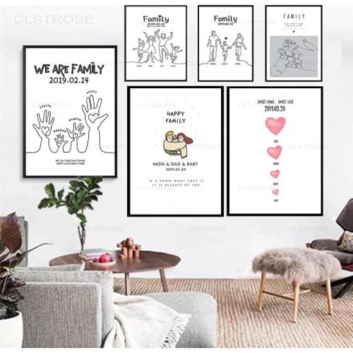 Sweet Family Customized Canvas Painting Date Name Gift DIY Anniversary Posters Cartoon Cute Print Home Decor for Living Room