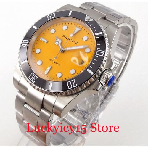 PARNIS Brand Orange Steel Automatic Men Watch 21 Jewels miyota 8215 Brushed Strap Luminous Dial Screwdown Crown Solid Back