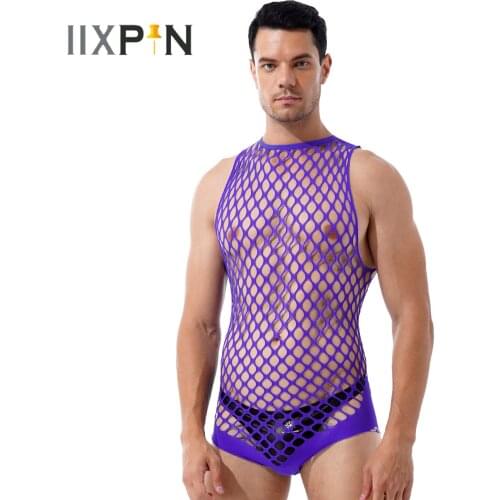 Mens See-through Stretchy Lingerie Leotard Hollow Out Netted Jumpsuit Bodystockings Halter Neck Sleeveless Keyhole Back Catsuit