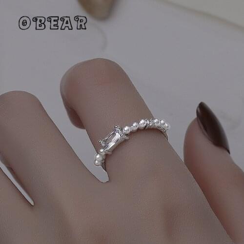 OBEAR Elegant Geometric Shiny Zircon Pearl Opening Adjustable Ring Women Party Jewelry Birthday Gift Wholesale