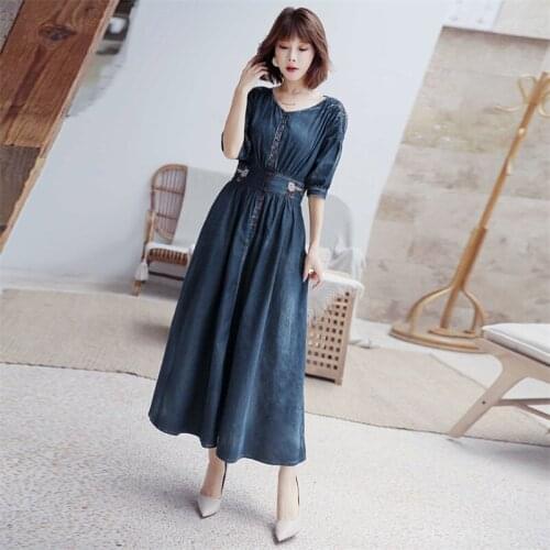 Autumn Womens Denim Dress 2020 Vintage Single Breasted Embroidery Dresses QN2267 Female O neck Half SLEEVE Long Dress
